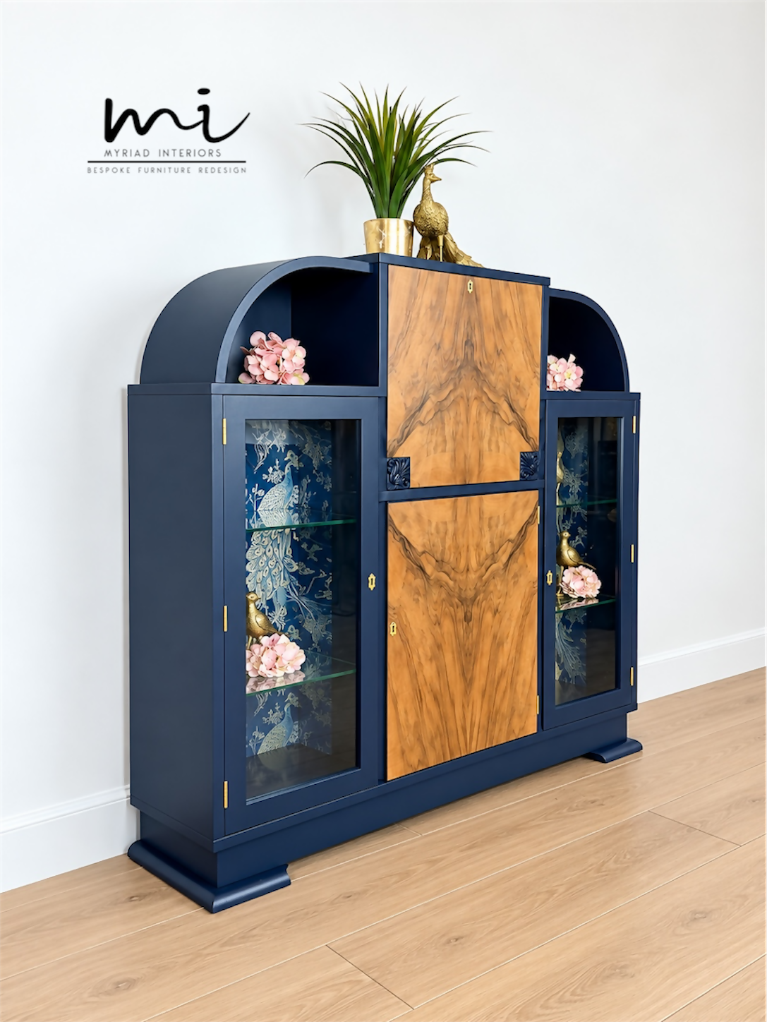 Curved Art Deco walnut drinks cocktail cabinet in navy blue and gold with peacock design. Glass display, Drinks cabinet, Sideboard