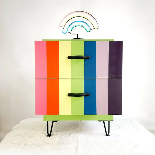 Multi Coloured Spectrum design two drawer chest with hairpin legs