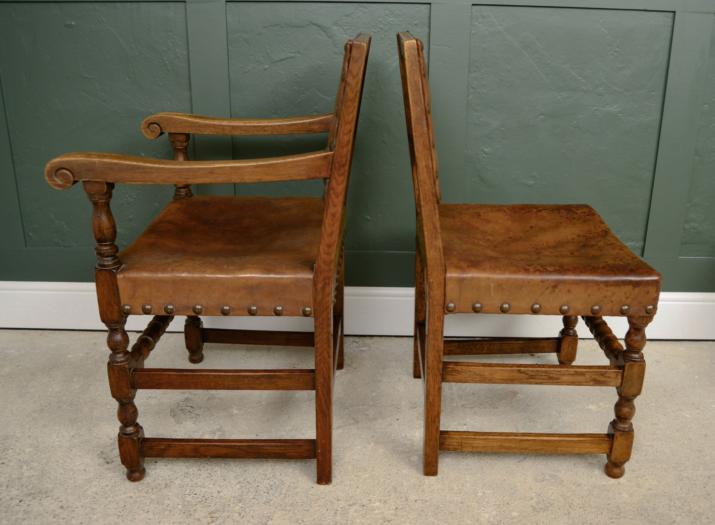6 Oak Leather Dining Chairs - Cromwellian Style
