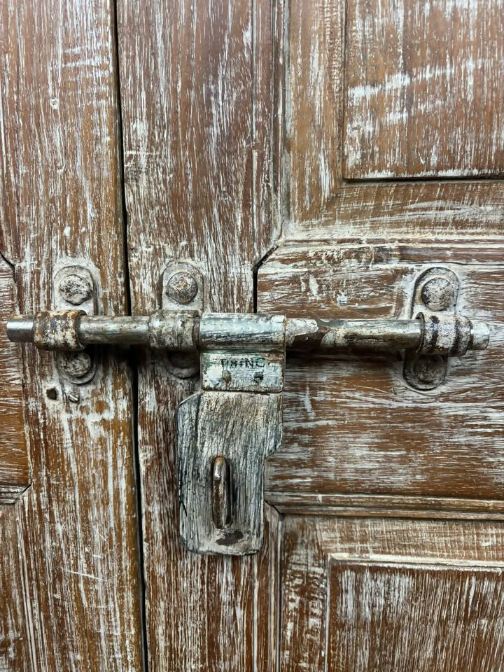 Vintage Indian Rustic Wooden Cupboard with Lime Wash Finish