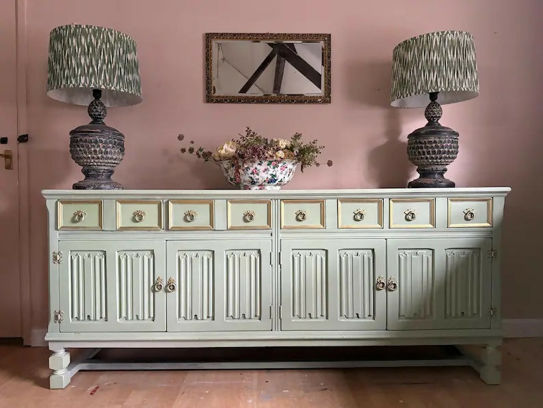 Sage Green Upcycled Sideboard, Gold Accents, Sustainable Decor