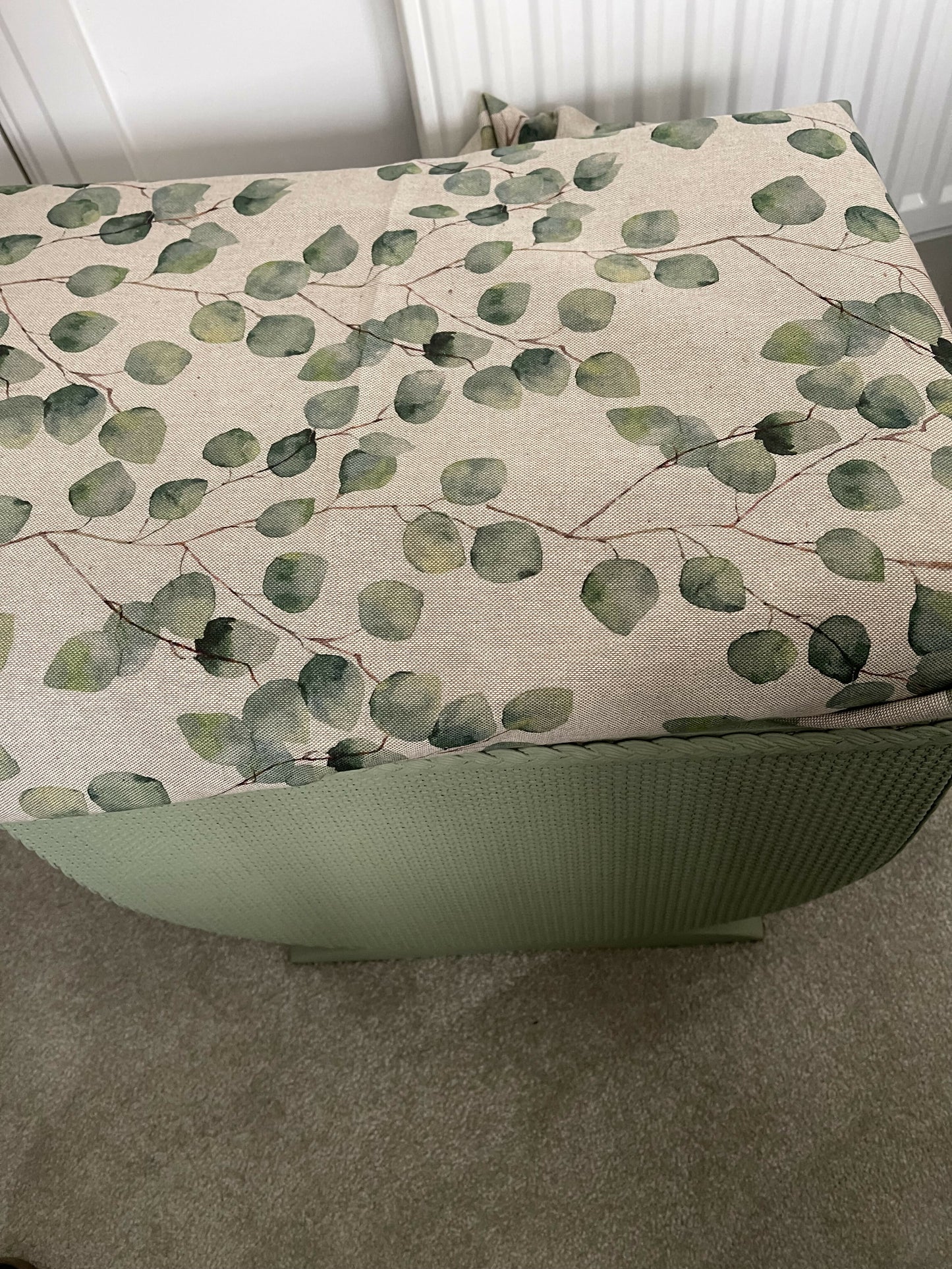 Small mid century Ottoman storage and seat. Sage green paint makes you choose the material.