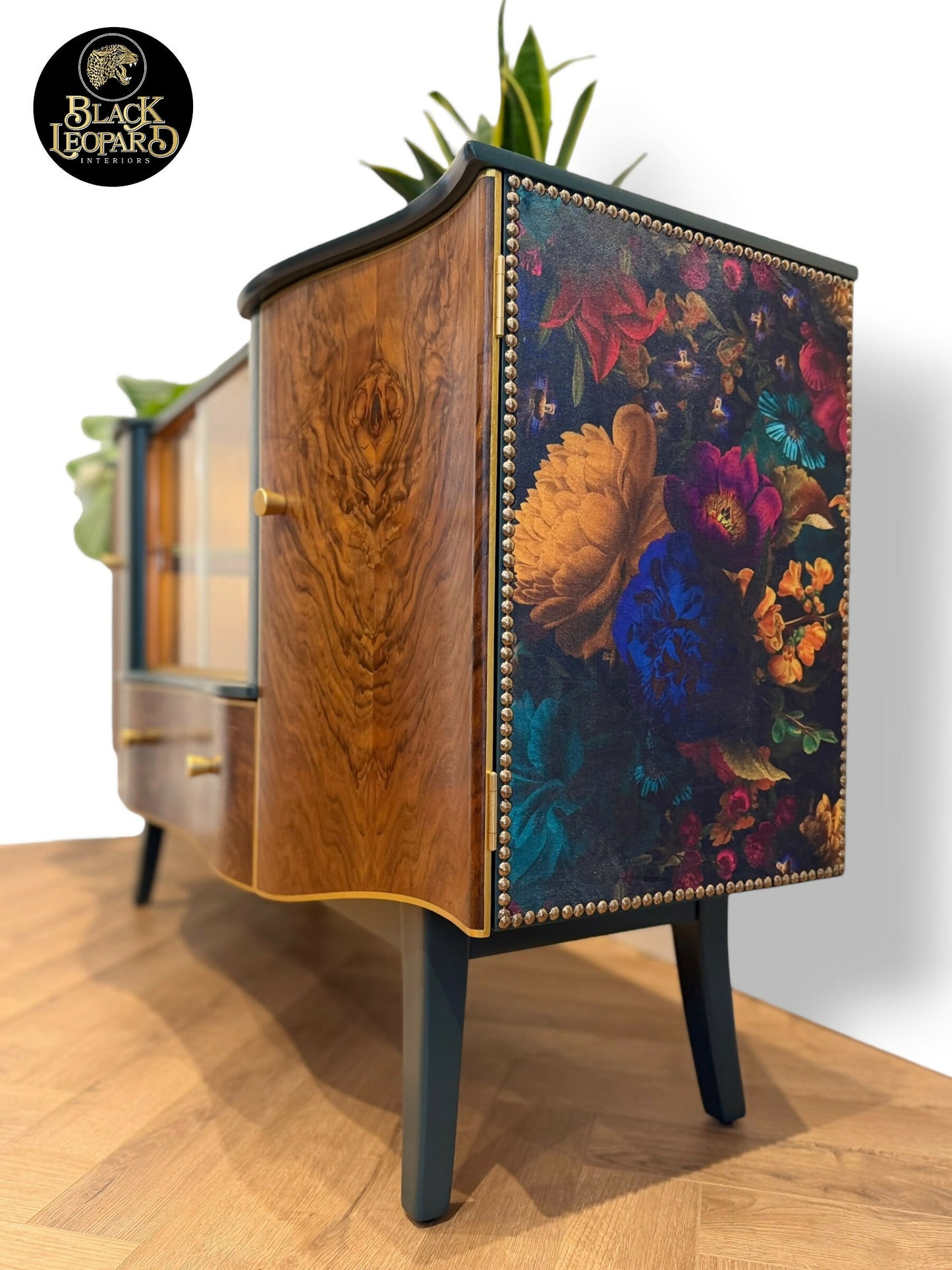 Luxury Unique Art Deco Sideboard with Drinks Cocktail Cabinet Section or TV Console | Refinished Hand Painted Vintage Green, Gold & Velvet | Black Leopard Interiors