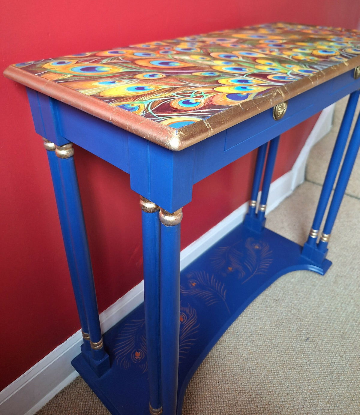 "Peacock Blues” Console Table with Drawers and Shelf