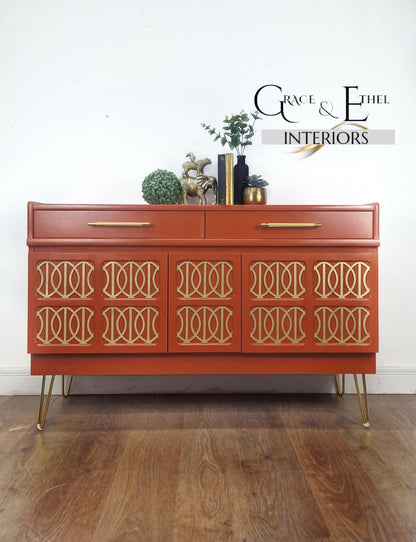 Midcentury modern nathan sideboard. Teak furniture, cocktail cabinet, orange furniture, media unit