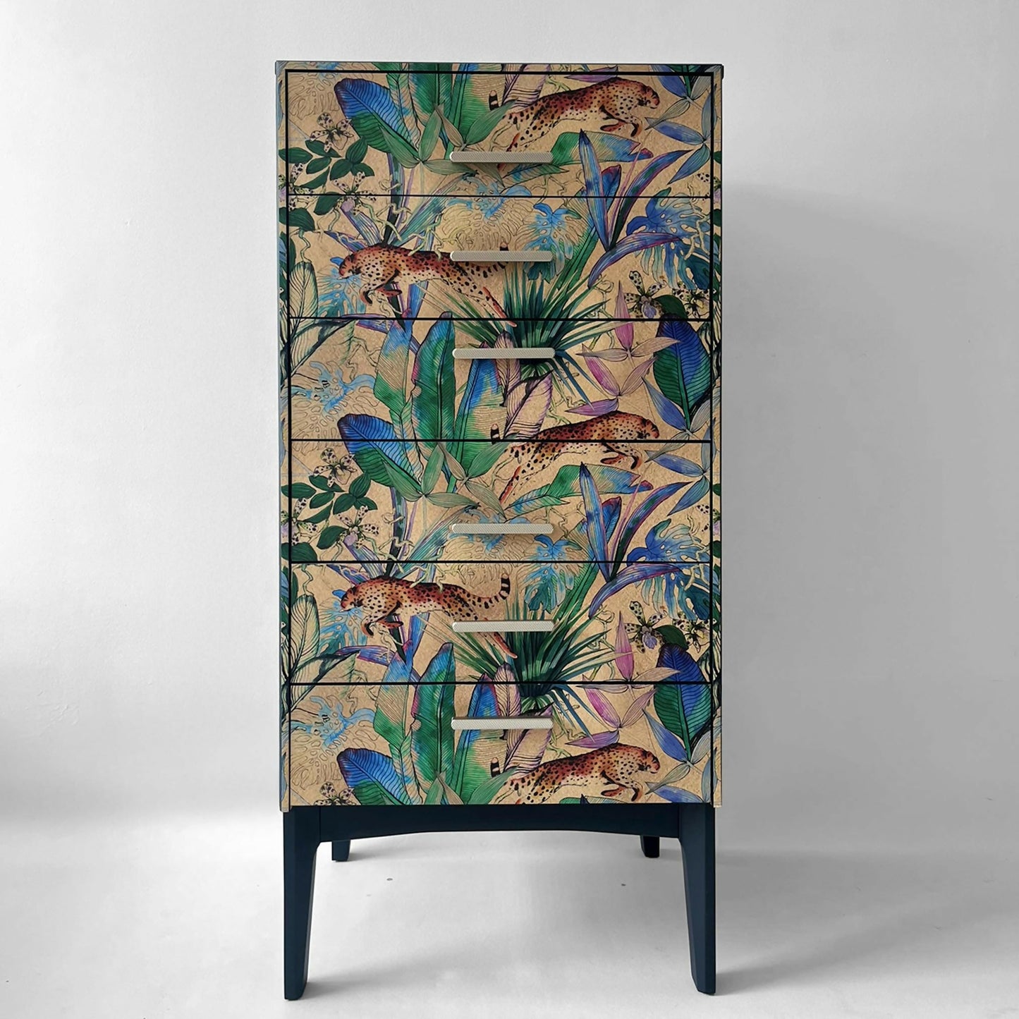 Vintage Remoloy Tallboy Chest of Drawers  6 drawers Safari with Leopard and Palm leaves front wiev