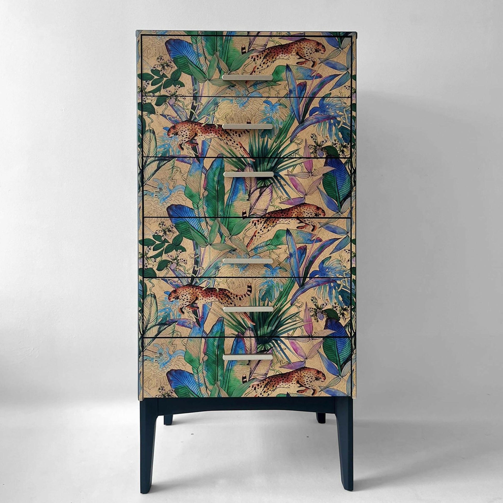 Vintage Remoloy Tallboy Chest of Drawers  6 drawers Safari with Leopard and Palm leaves front wiev
