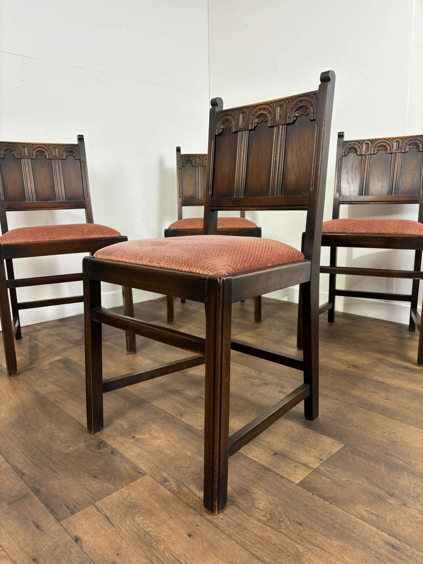 Vintage Set Of Four Oak Priory Style Dining Chairs