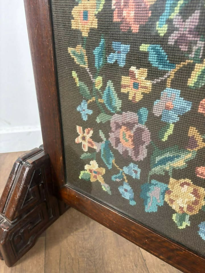 Vintage oak Framed Floral Tapestry Fire Screen