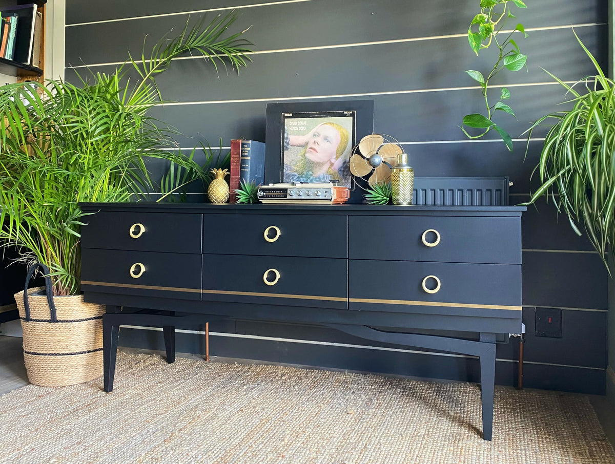 Sideboard With Drawers, TV Cabinet, Black Low And Wide, Mid Century.