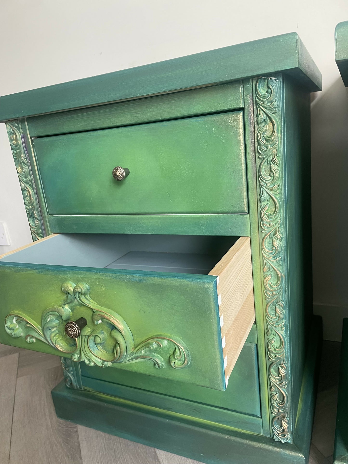 Vintage pine pair of bedside drawers, hand painted green and gold