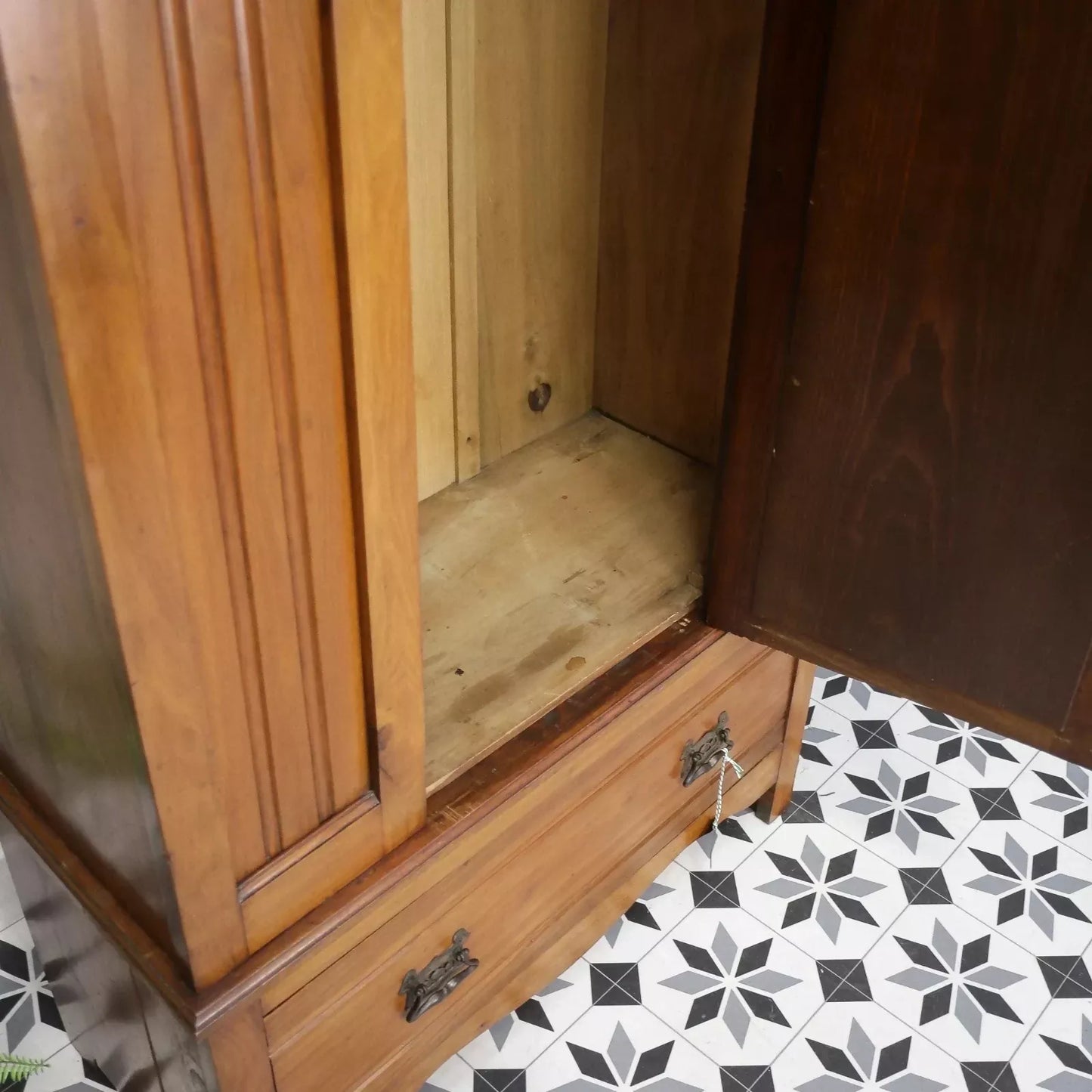 Edwardian Walnut and Carved Mahogany Wardrobe with Bevel Edged Mirrors & Drawer