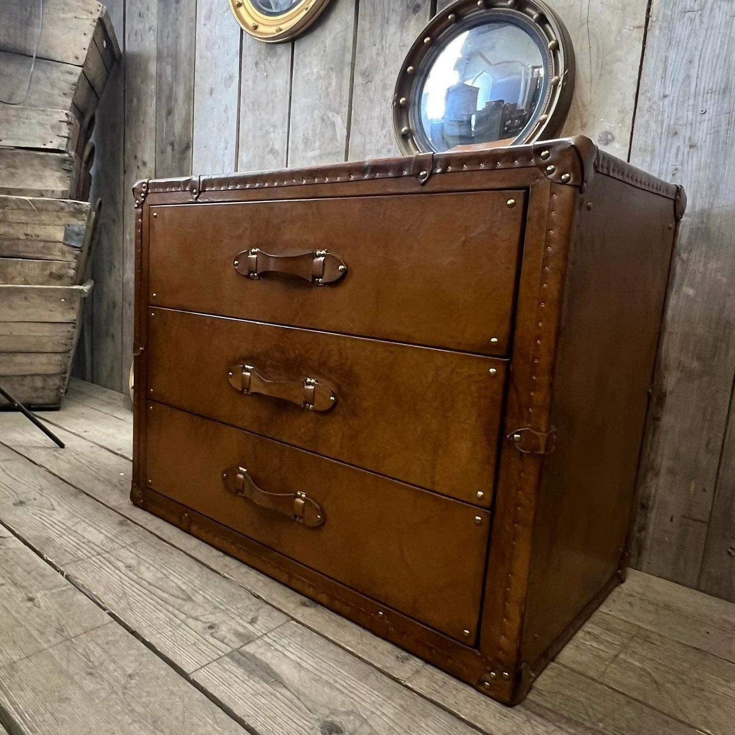 English handmade vintage luxury leather drawer chest - London tan