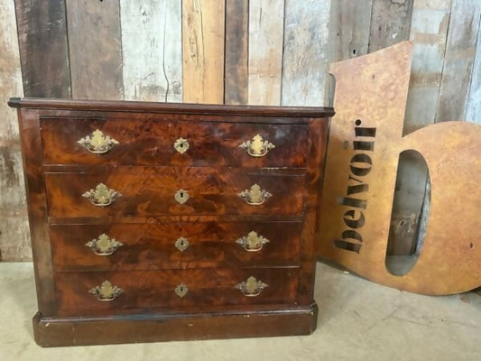 Antique French Mahogany Oak and Fruitwood Four Drawer Chest of Drawers, c 1890