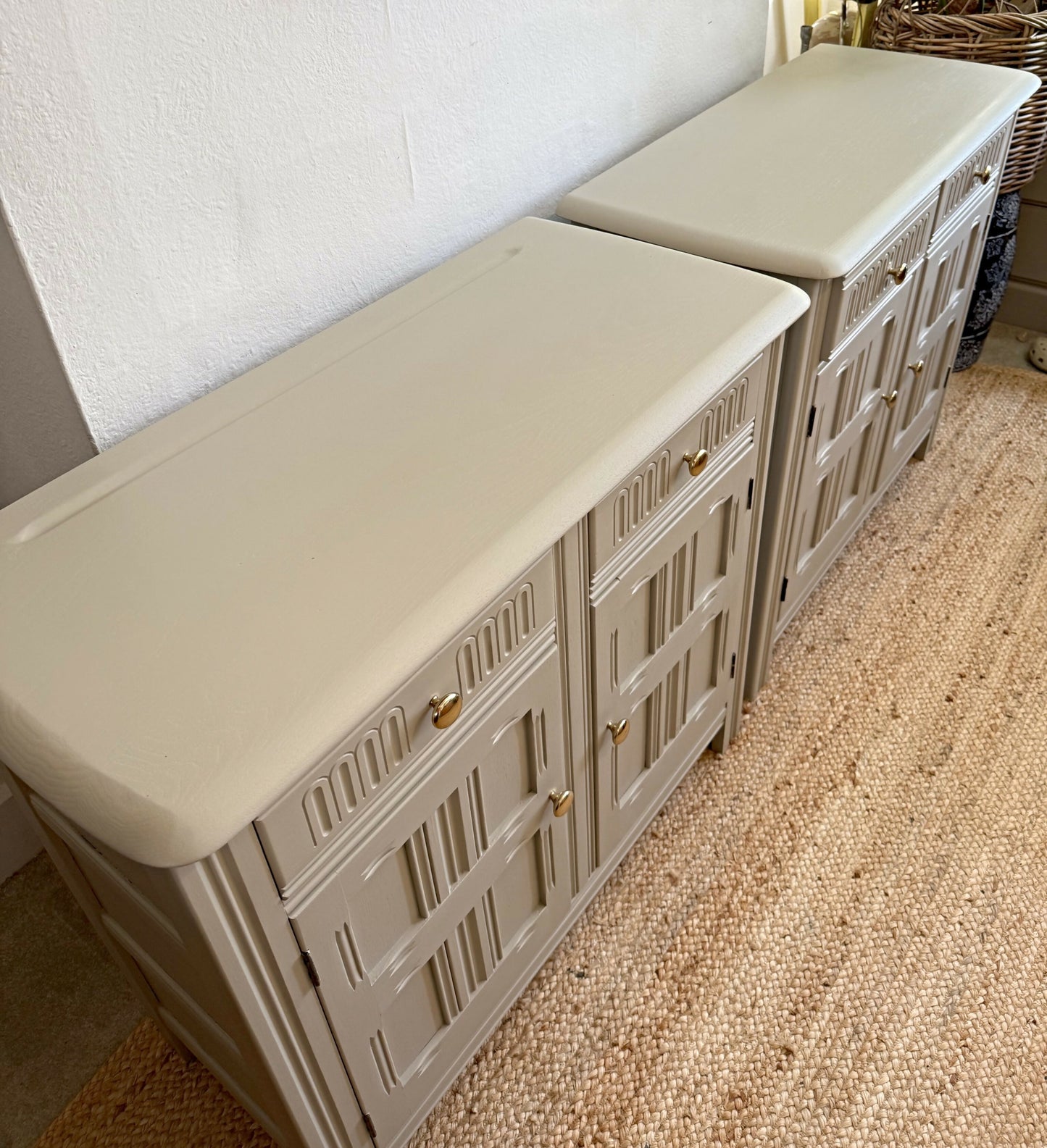 Newly refurbished Ercol pair of sideboards solid elm wood alcove