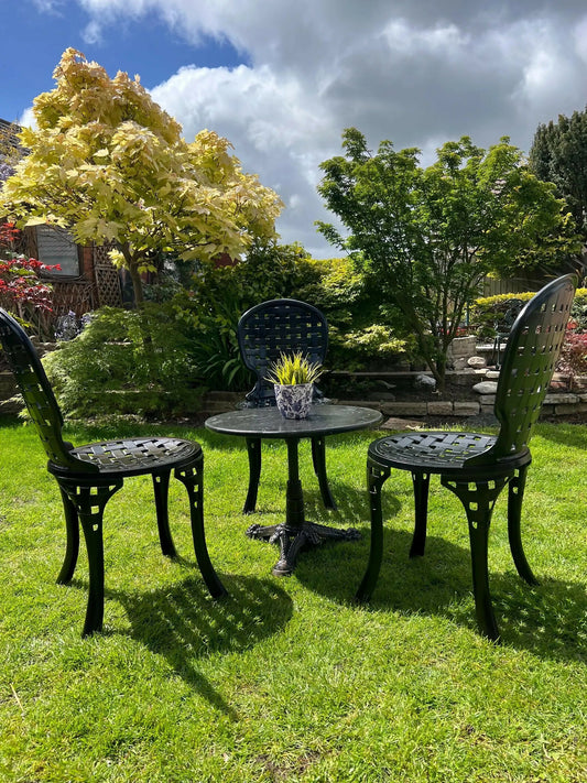 Black Vintage Three Seater Patio Set with Marble Topped Table