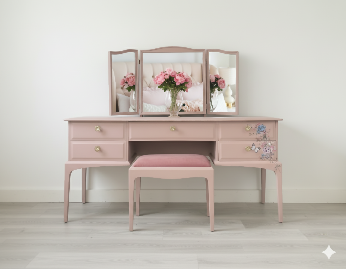 Vintage stag minstre pink floral dressing table, vanity table, pink, pink furniture, bedroom furniture, modern,mirror,stool,