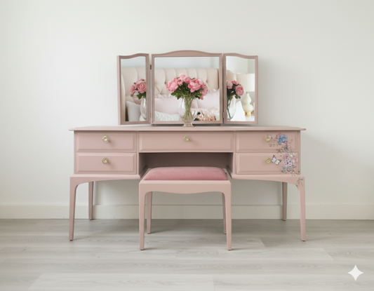 Vintage stag minstre pink floral dressing table, vanity table, pink, pink furniture, bedroom furniture, modern,mirror,stool,