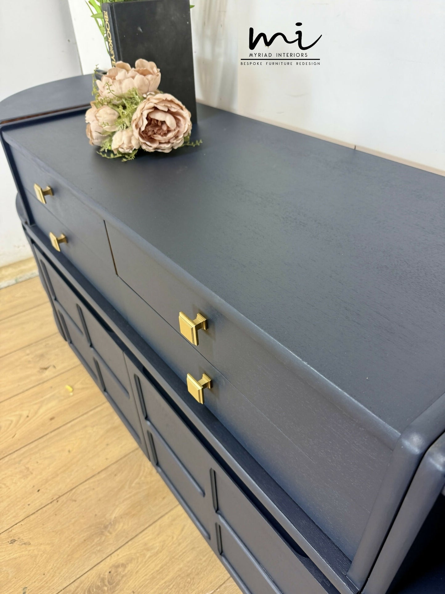 Mid Century Nathan teak modular sideboard set in navy blue, tv stand, media unit, retro corner cupboard, console, cocktail cabinet drinks