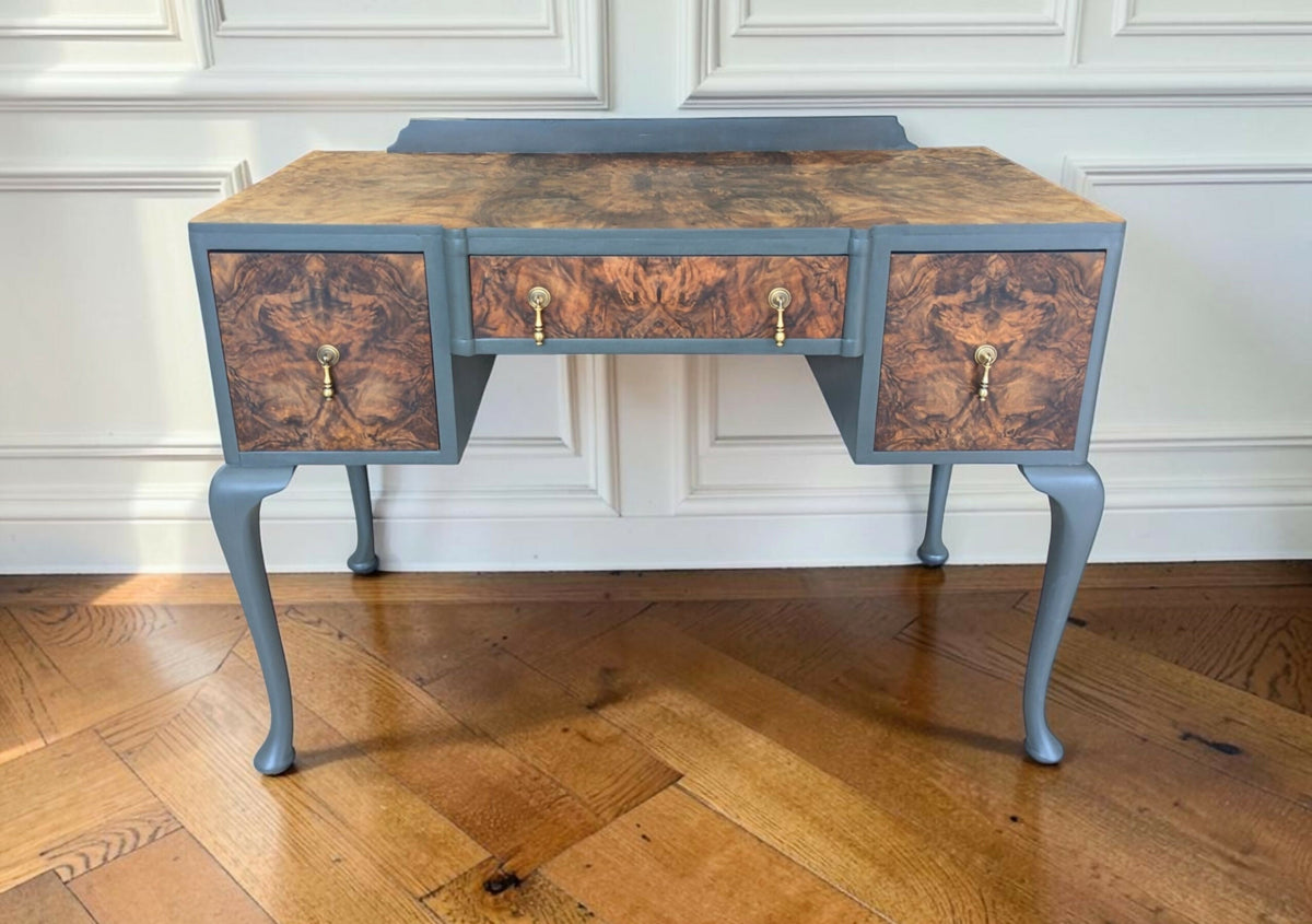 Vintage Art Deco dark green Walnut Burr Wood Desk Writing Table