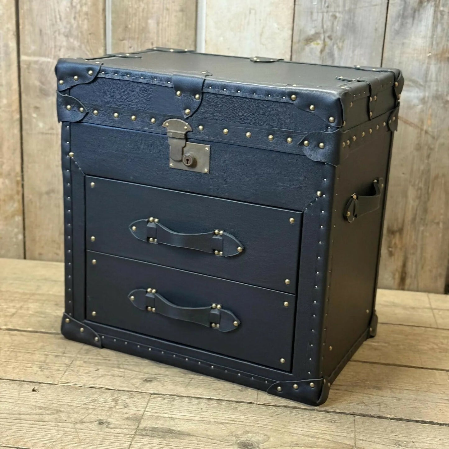 Leather 2 Draw Accent Blue Vintage Storage Trunk End Table