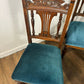 Set of Six Edwardian Carved Oak Dining Chairs –with Teal Upholstery