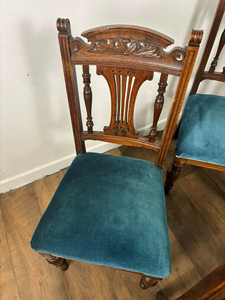 Set of Six Edwardian Carved Oak Dining Chairs –with Teal Upholstery