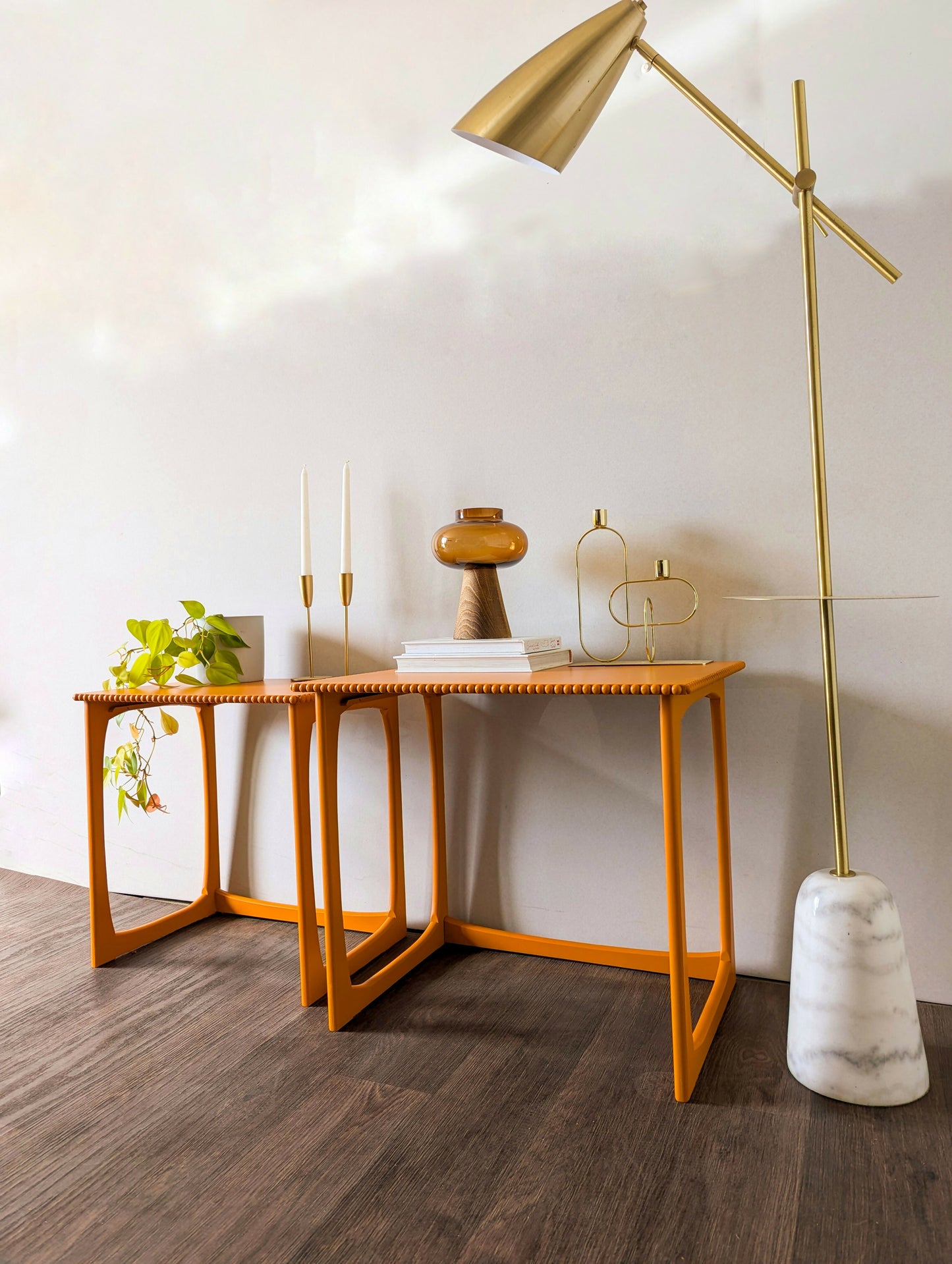 Pair of Bright Orange Side Tables/End Tables with Bobbin Details