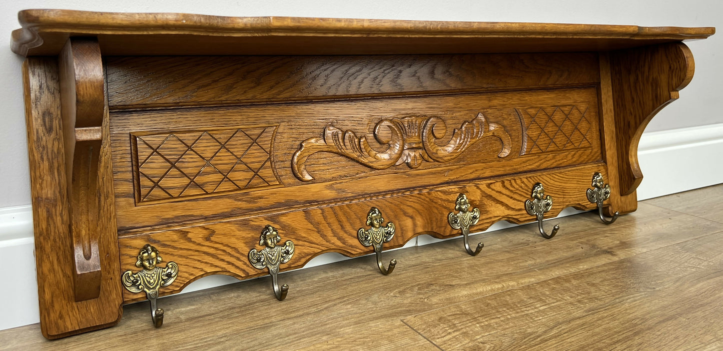 Coat Rack Vintage French Oak Wall Mounted 6 Hooks Carved Rack Hanger LOT 6209