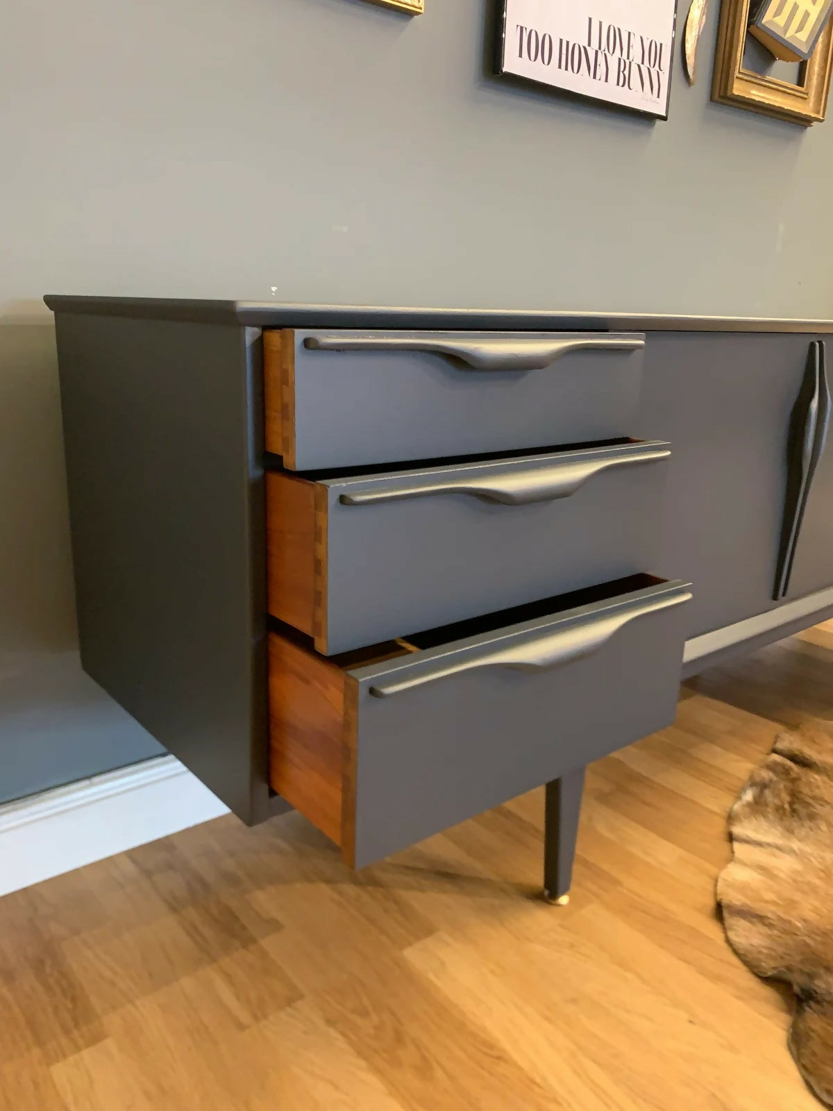 Jentique teak sideboard in dark grey and gold leaf
