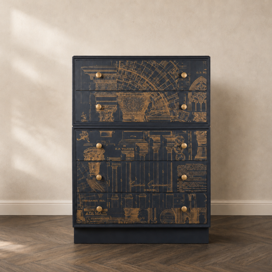 Meredew Chest of Drawers | Mid Century Modern Architectural Blueprint Tallboy Storage