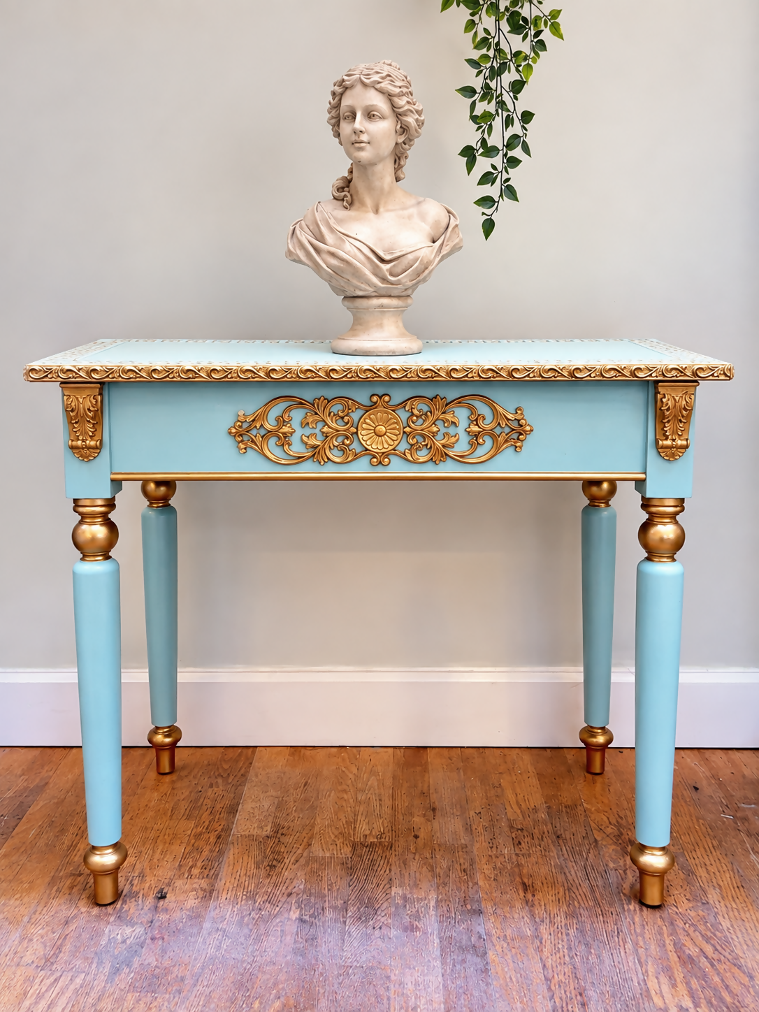 Neoclassical Grecian Console Table in Turquoise Blue & Gold Gilt