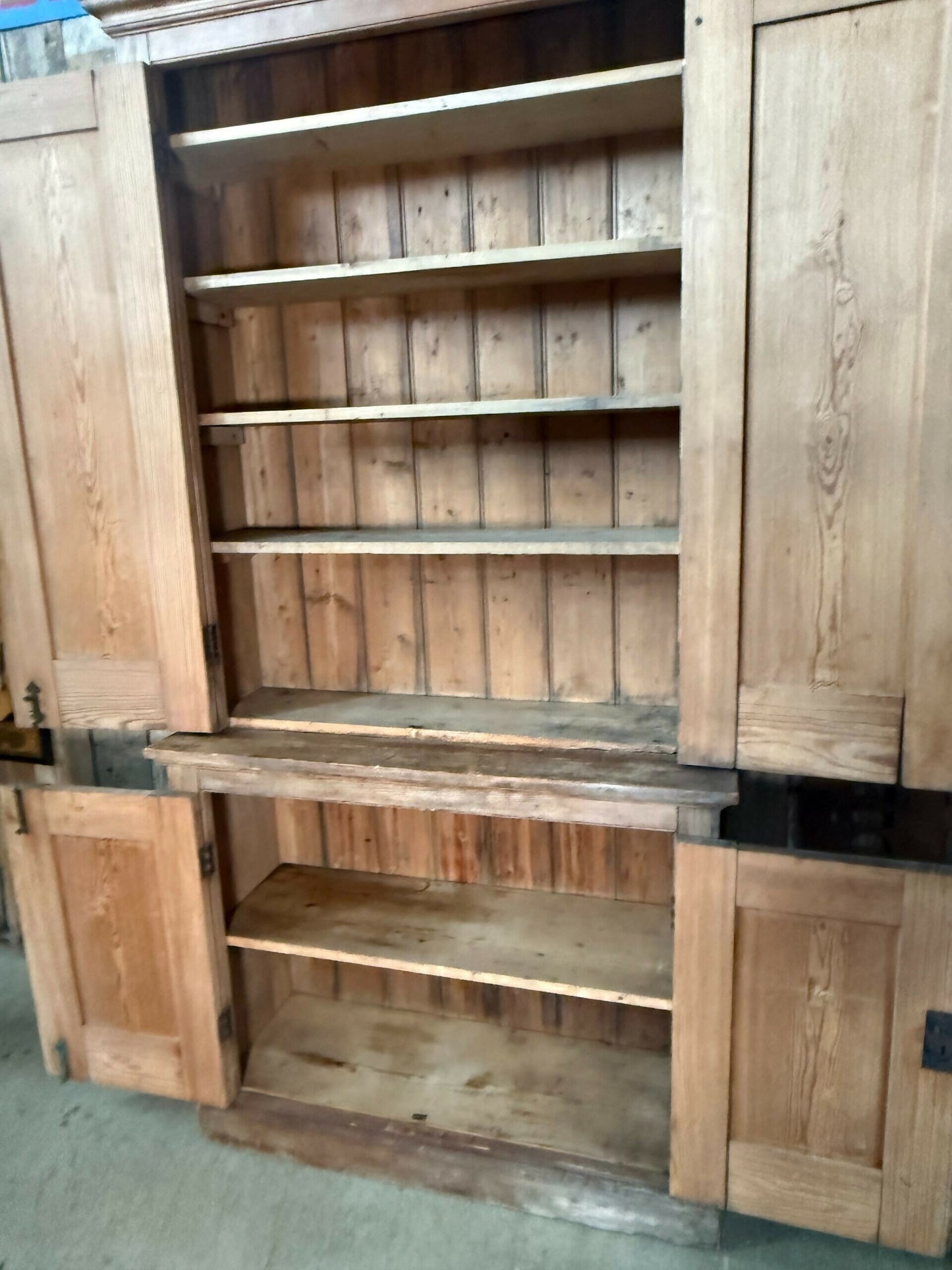 Vintage Early Victorian Tall Pine Housekeeper Pantry Kitchen Larder Shelves Double Cupboard, c.1820