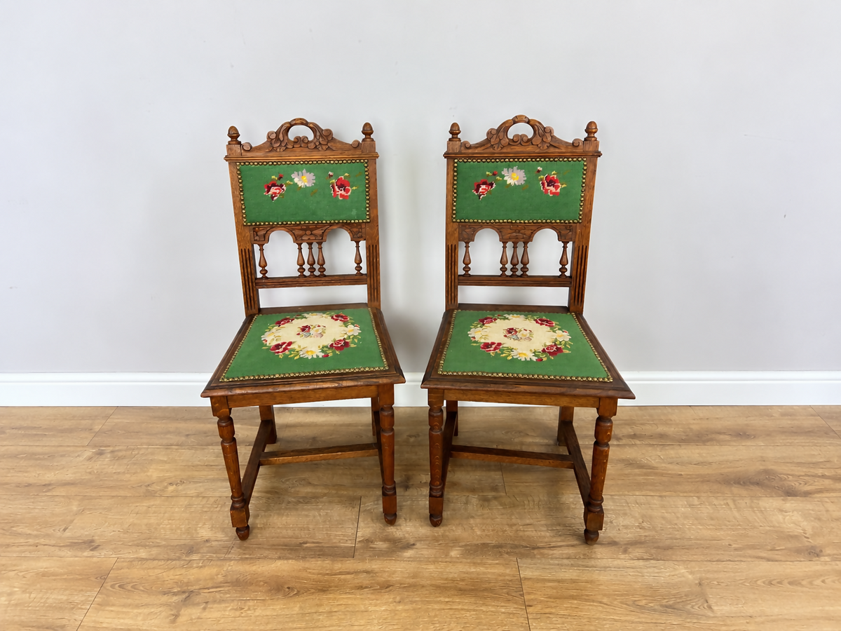 Pair of Chairs Antique French Style Oak Floral Upholstered Chairs LOT 6515