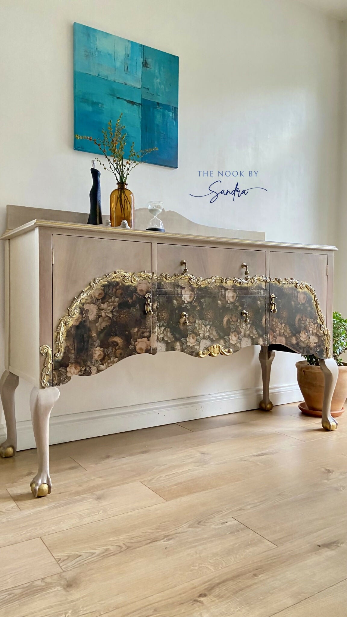 Elegant Upcycled Sideboard •Chateau Wash •Gold moulds •Floral Foil