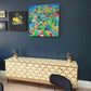 Midcentury Upcycled Sideboard: Geometric Yellow Gold Print TV Unit