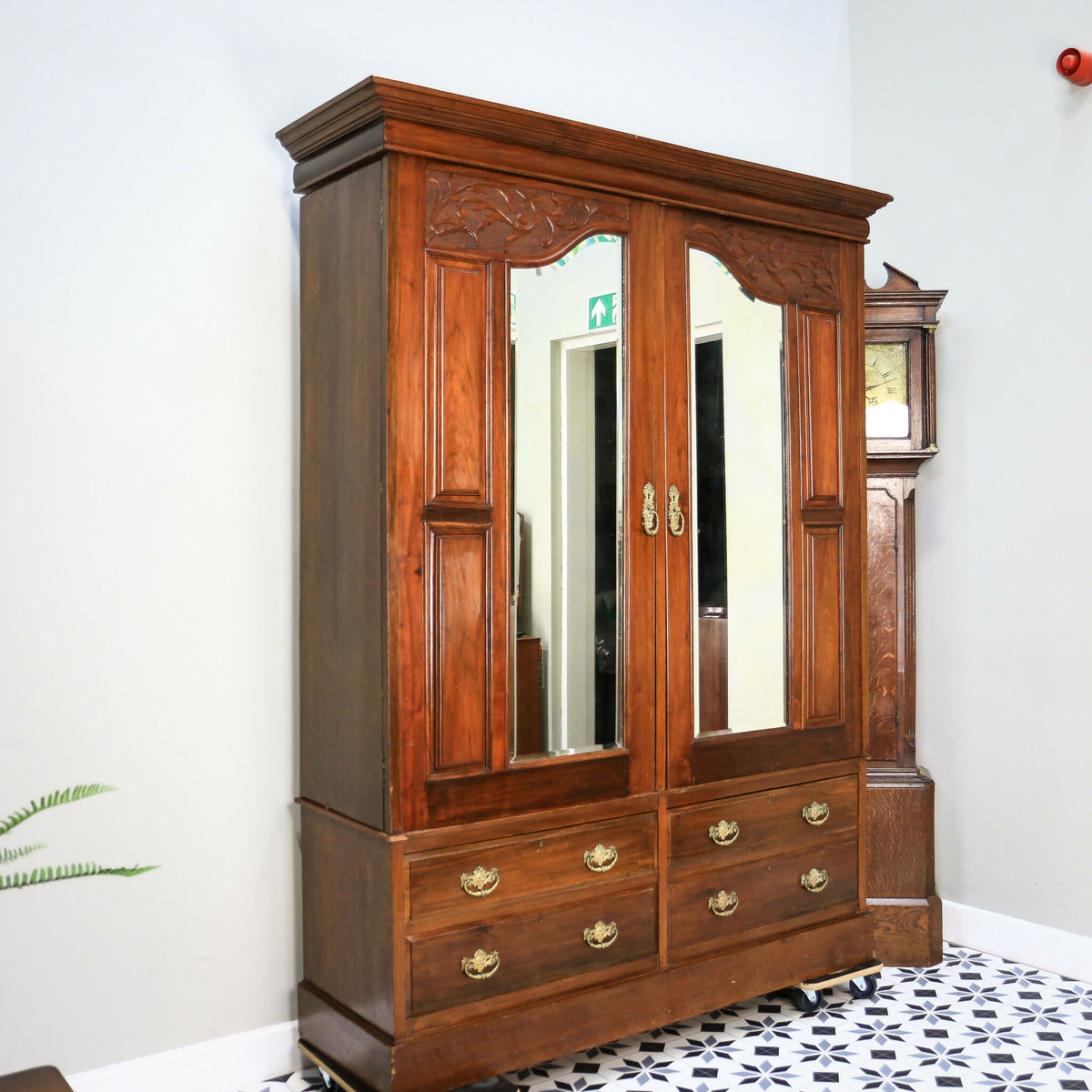 Antique Double Wardrobe Mirrored Doors and Graduated Drawers Late Victorian