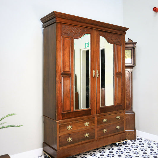 Antique Double Wardrobe Mirrored Doors and Graduated Drawers Late Victorian