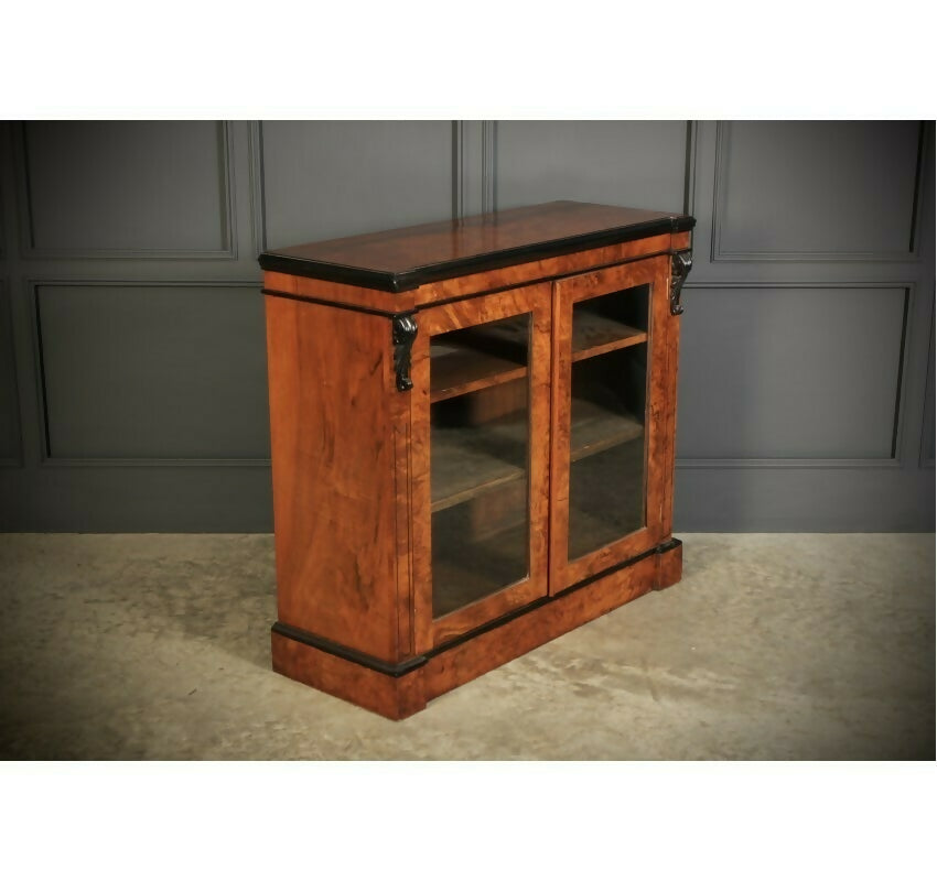 Vintage Victorian Glazed Figured Walnut Bookcase Display Cabinet