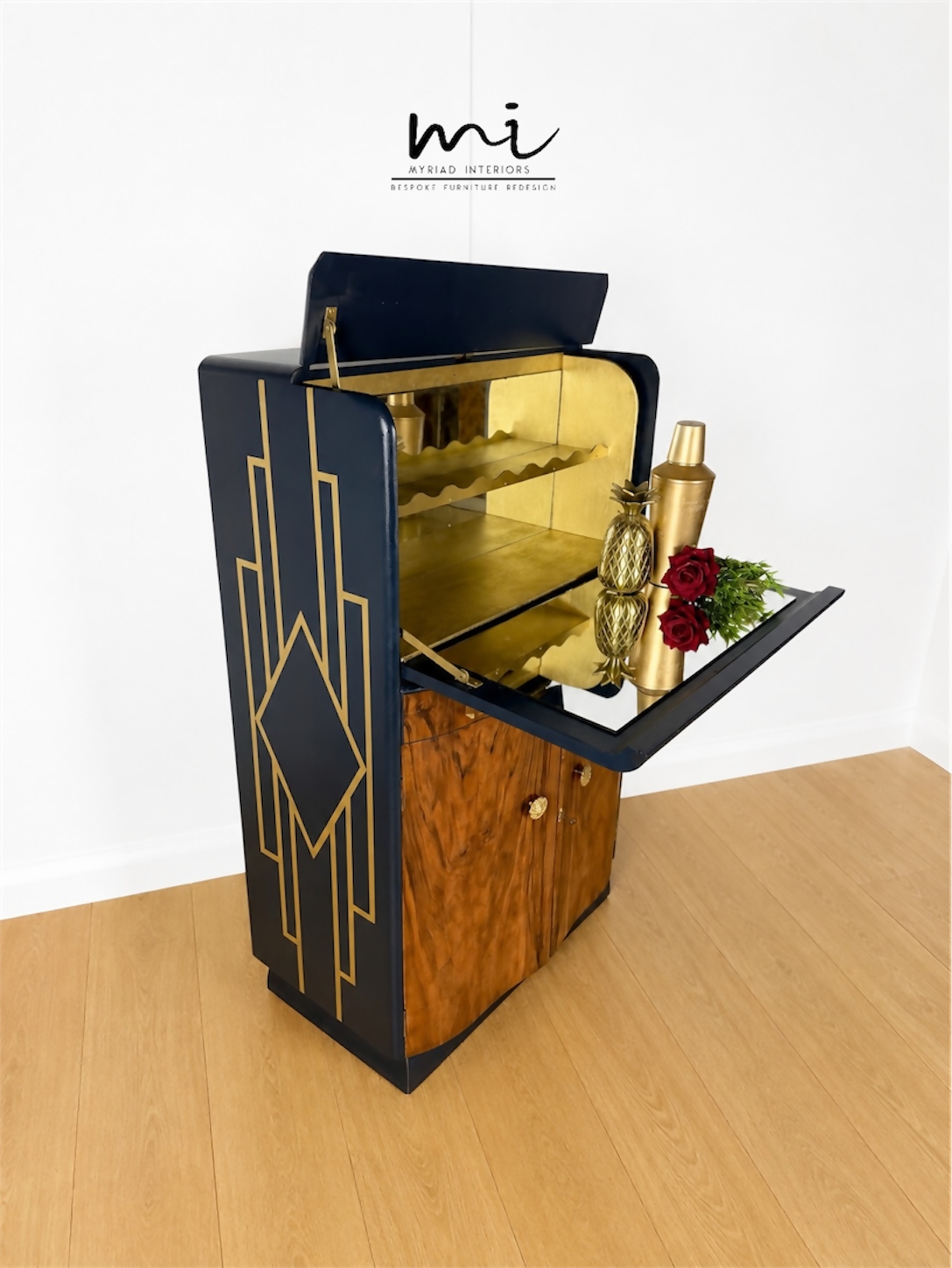 Navy Blue And Gold Art Deco Burl Walnut Cocktail Cabinet, Drinks Cabinet