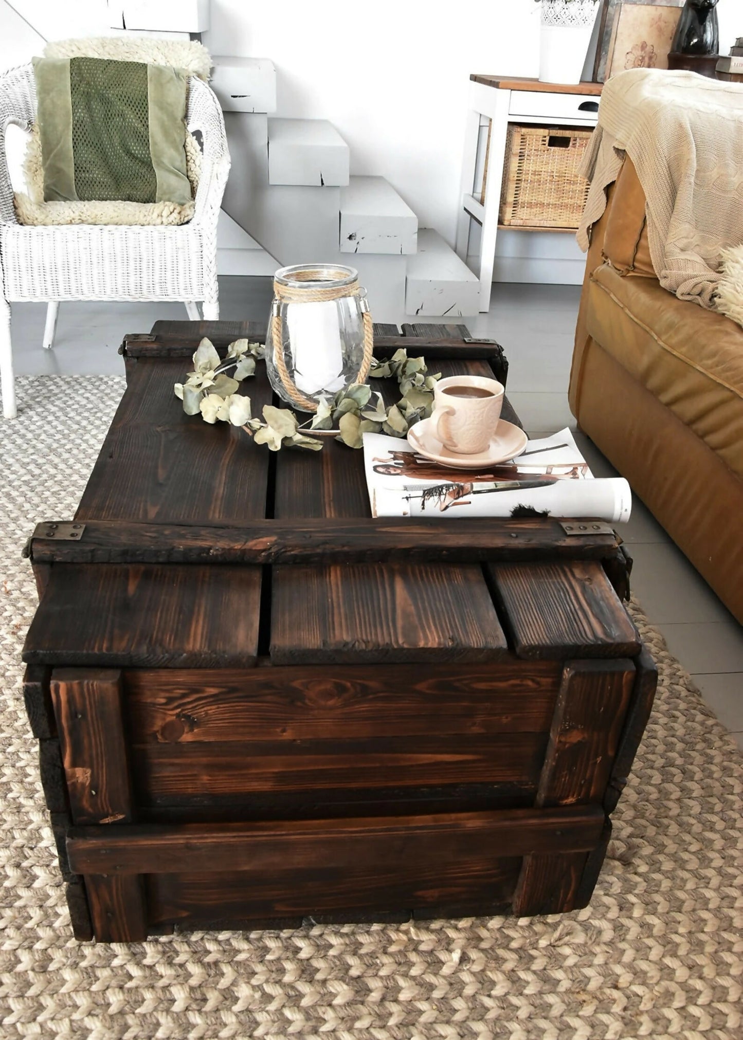 Vintage Army Chest Coffee Table, Reclaimed Wood Trunk Table on Wheels, Rustic Industrial Storage Chest, Dark Brown Loft Furniture