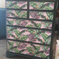 Chest of Drawers. Dark Green and Pink Leaf Print. Upcycled Painted Bedroom Furniture