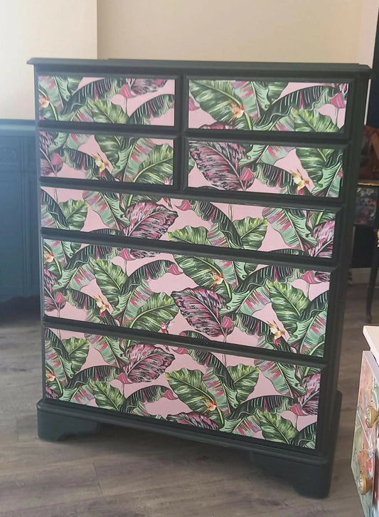 Chest of Drawers. Dark Green and Pink Leaf Print. Upcycled Painted Bedroom Furniture