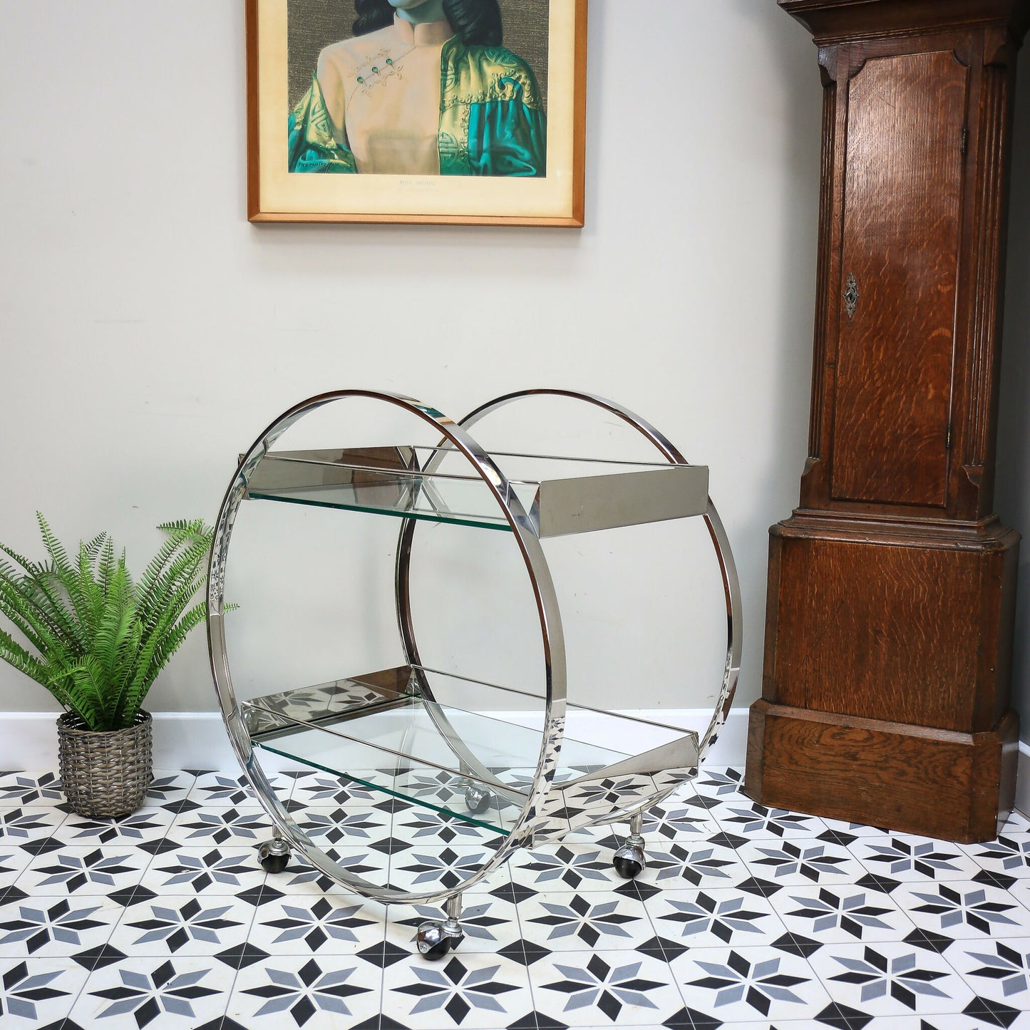 Art Deco Style Cocktail Drinks Savoy Trolley on Castors with Tempered Glass