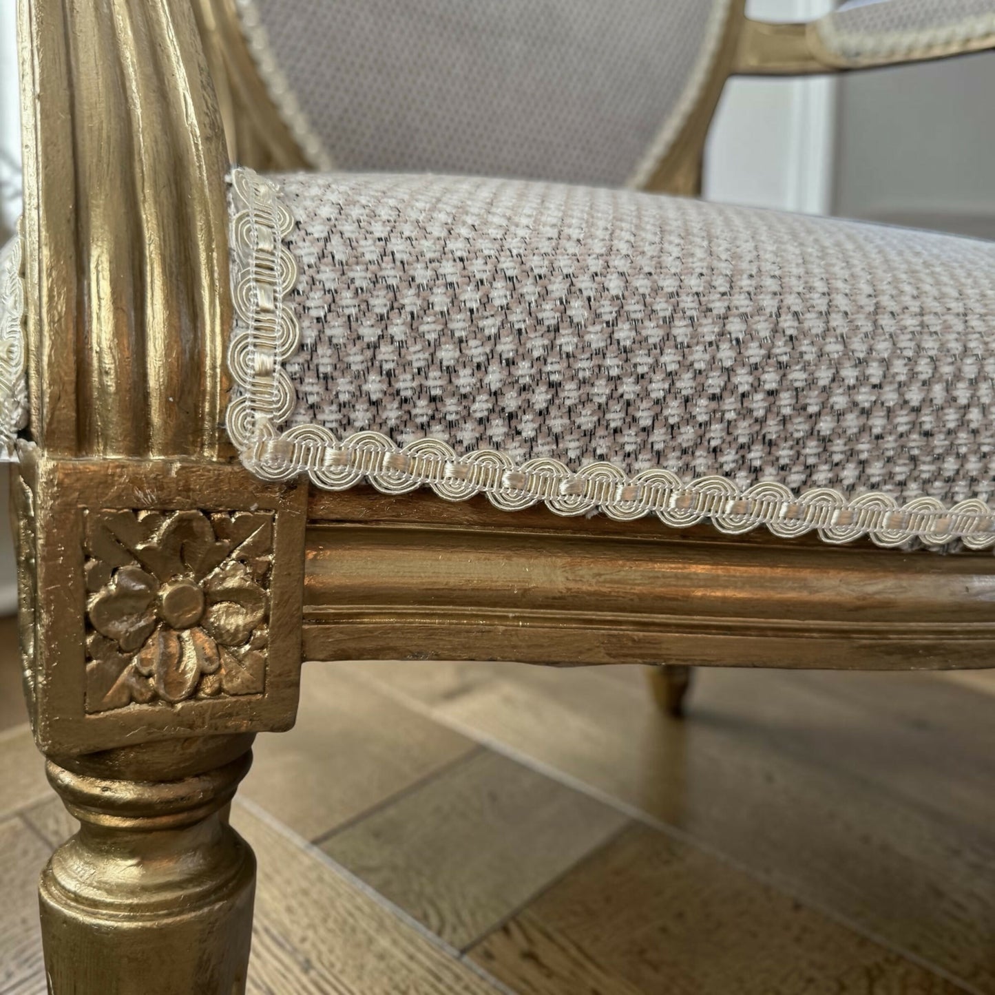 Stunning pair of freshly upholstered Louis XVI antique armchairs