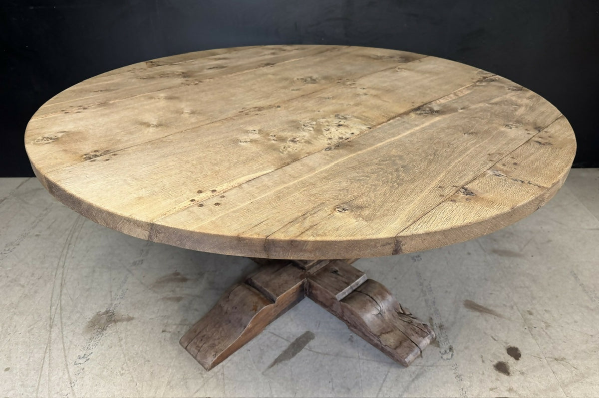 Large Round Bleached Oak Farmhouse Dining Table
