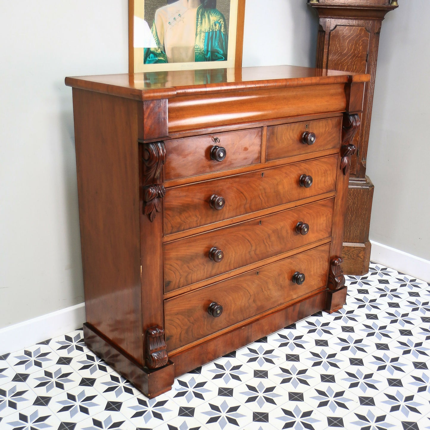 Scottish Mahogany Chest of Drawers Two Short Over Three Long Scroll Corbels
