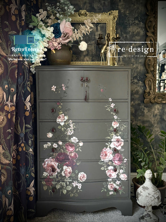 Vintage Solid Wood Floral Chest of Drawers – Dark Grey Green Upcycled Storage Cabinet