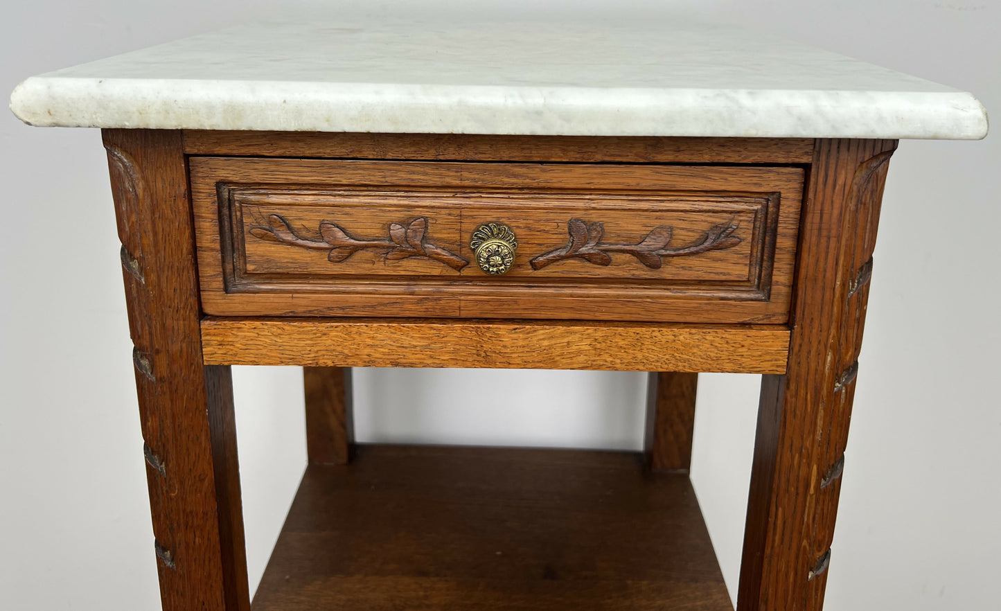Bedside Table Antique French Style Marble Top Oak Cabinet Nightstand LOT 6240