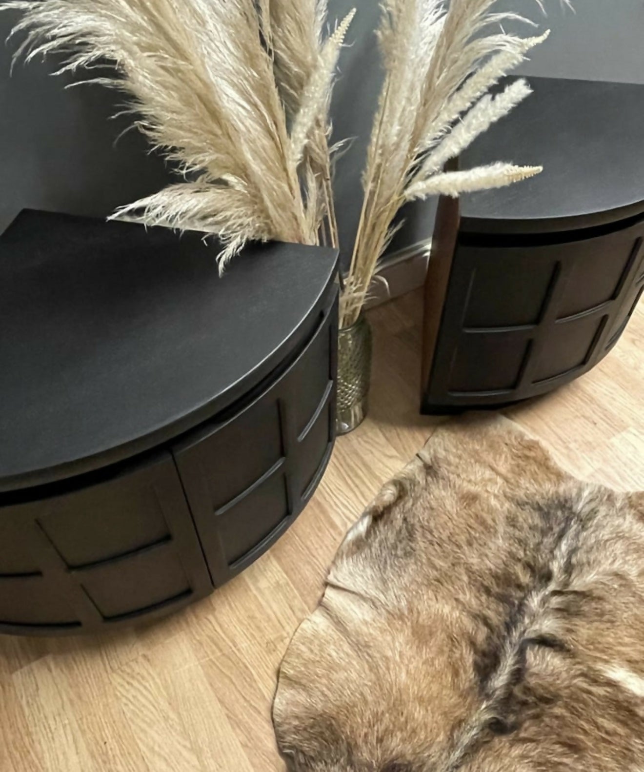 Stunning pro spray painted black Nathan teak corner cupboards bedside tables